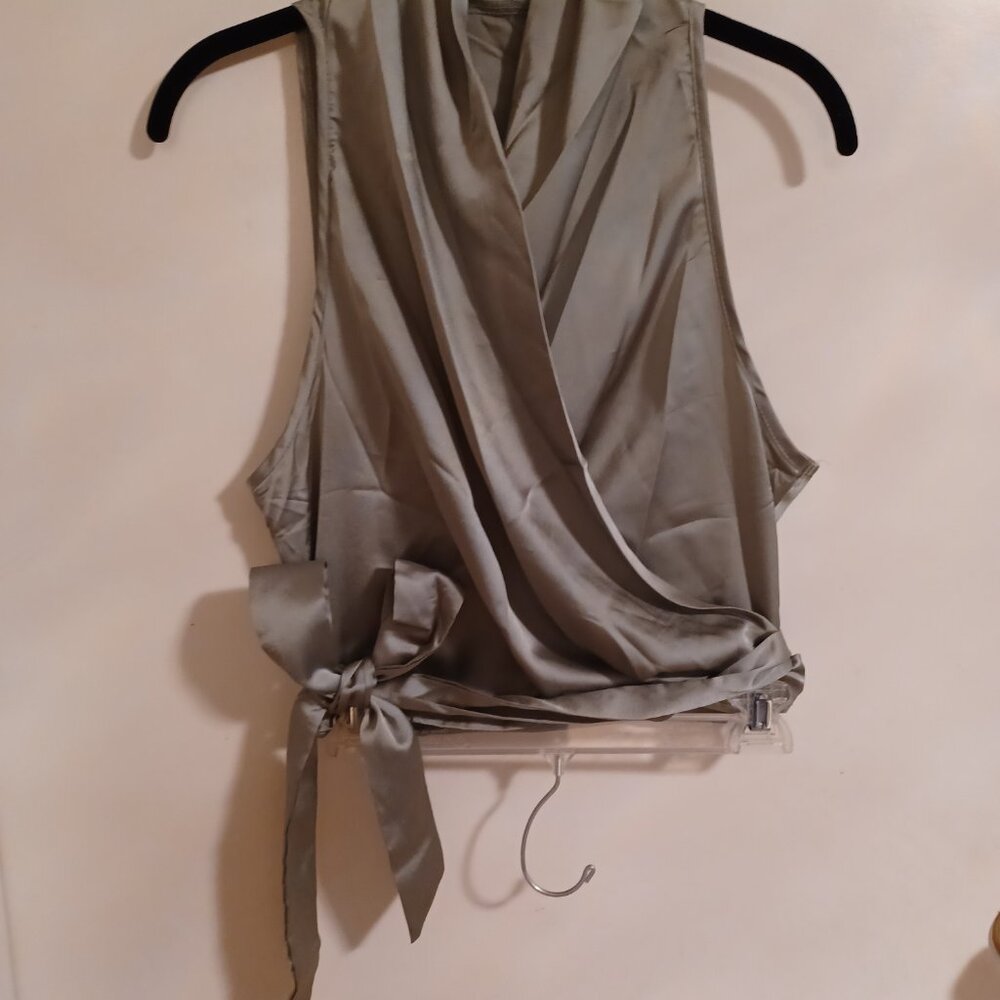 SHEIN Olive Satin Wrap Tie Sleeveless Blouse